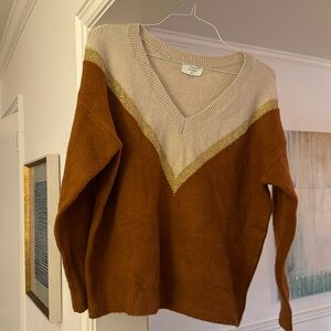 FRNCH Paris. V-Neck Sweater. M/L. Tan, Rust and Gold.
